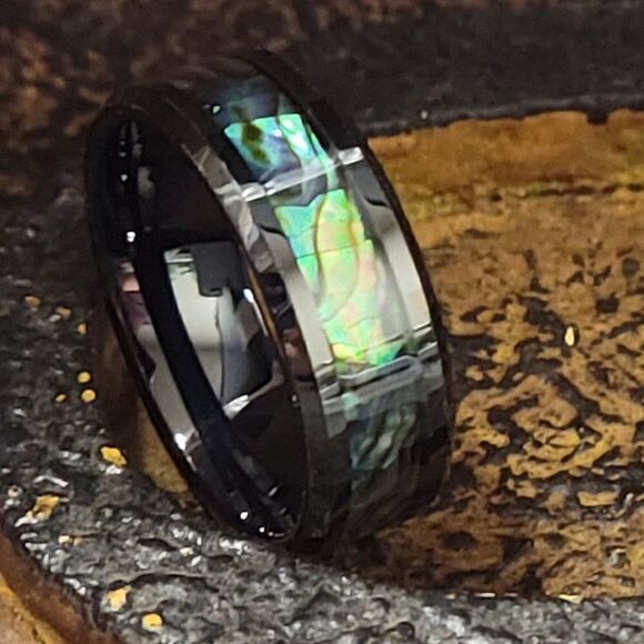 Men's Real Black Tungsten Wedding Ring With Abalone Shell Inlay - Picture 3 of 11
